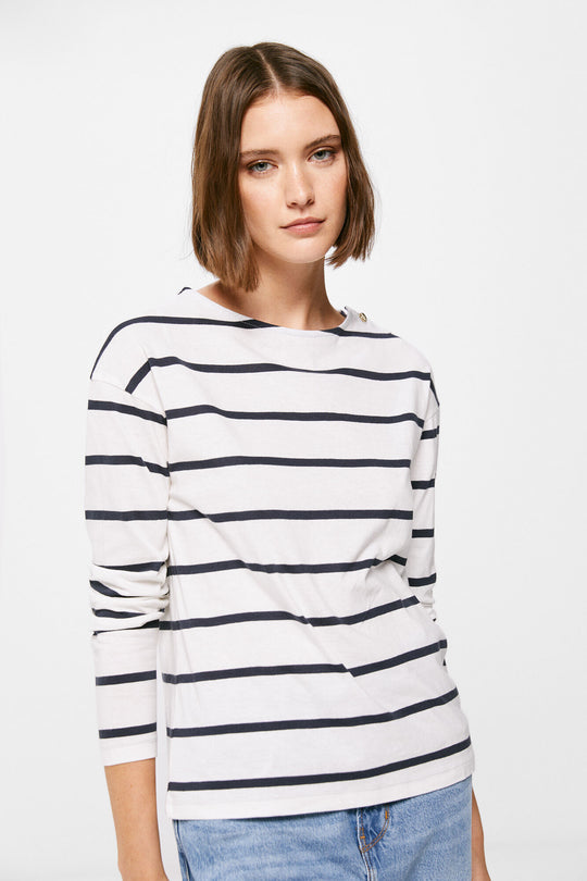 Striped T-Shirt Buttons Shoulder