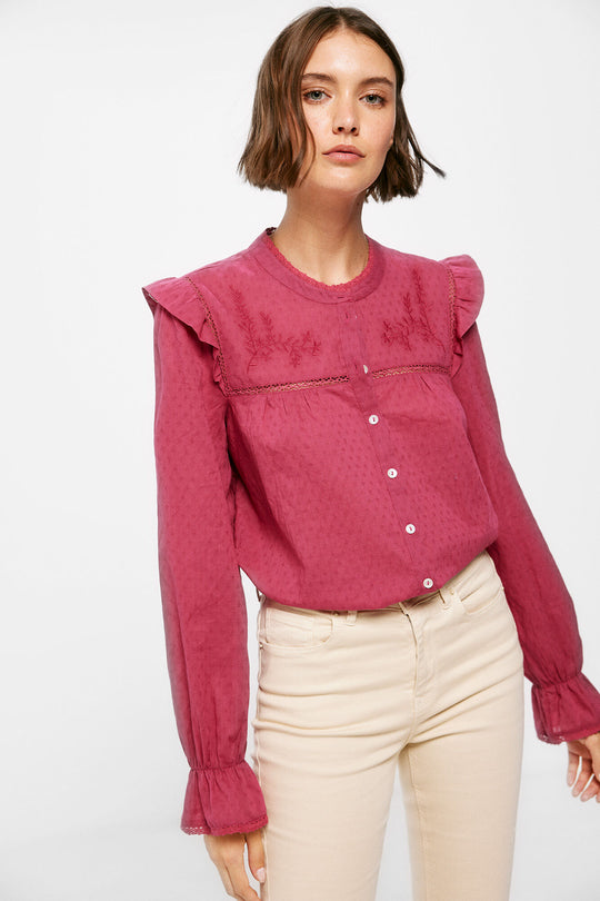 Embroidered Blouse with Ruffled Shoulders