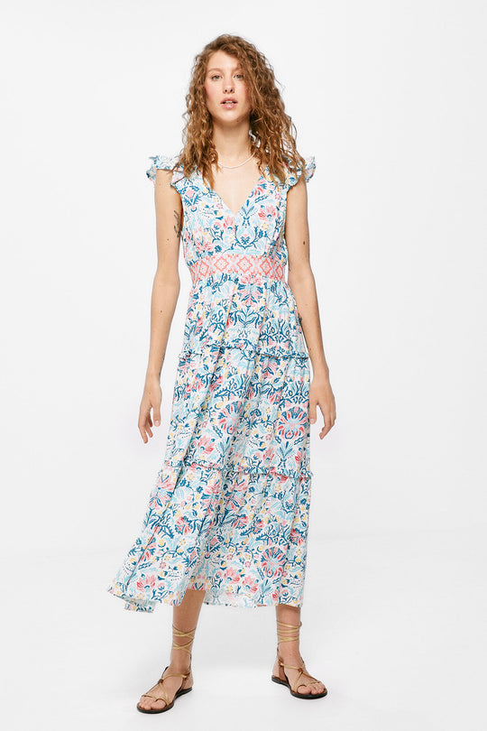 Printed Midi Dress with Waist Border