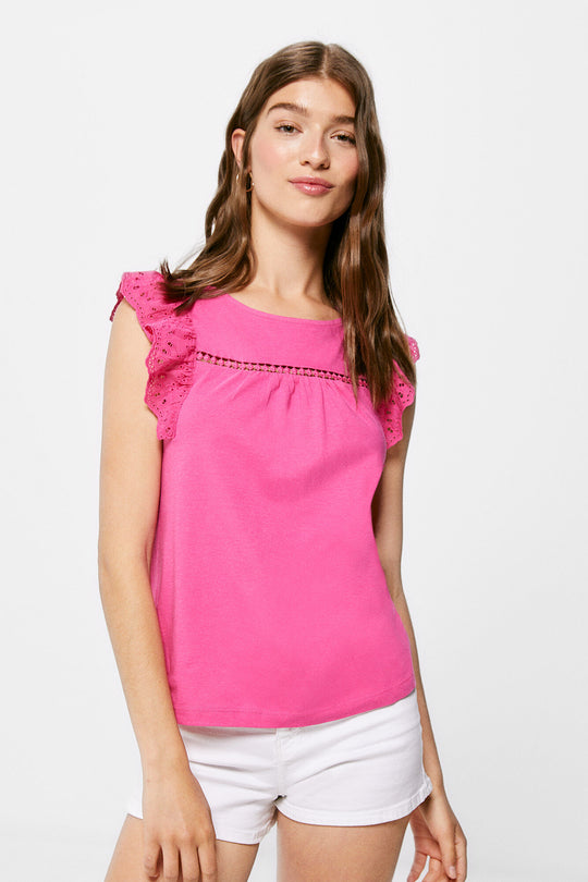 Bi-material Blouse with Lace Ruffles