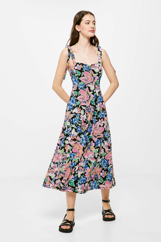 Printed Midi Dress Straps Bow