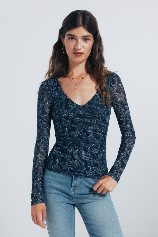 Chiffon t-shirt with printed gathered neckline