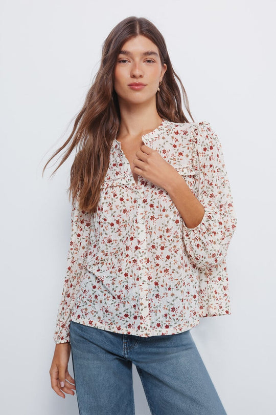Printed blouse with ruffle inserts