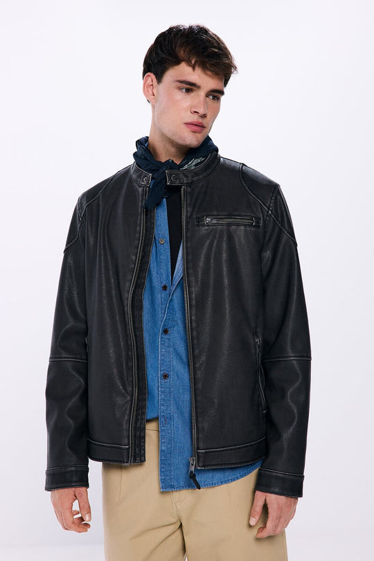 Washed leather effect biker jacket