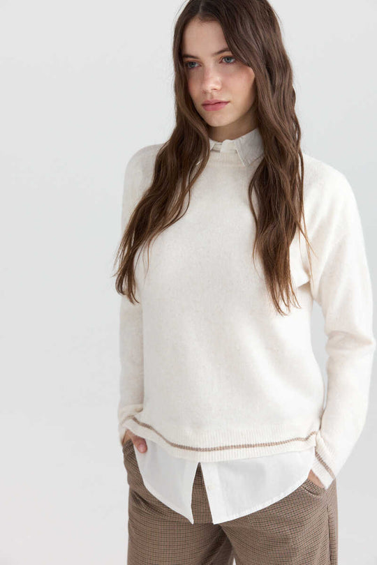 Shirt-style mixed fabric jumper