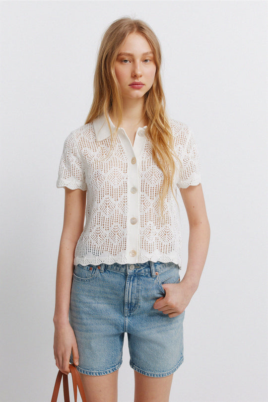Pointelle polo cardigan