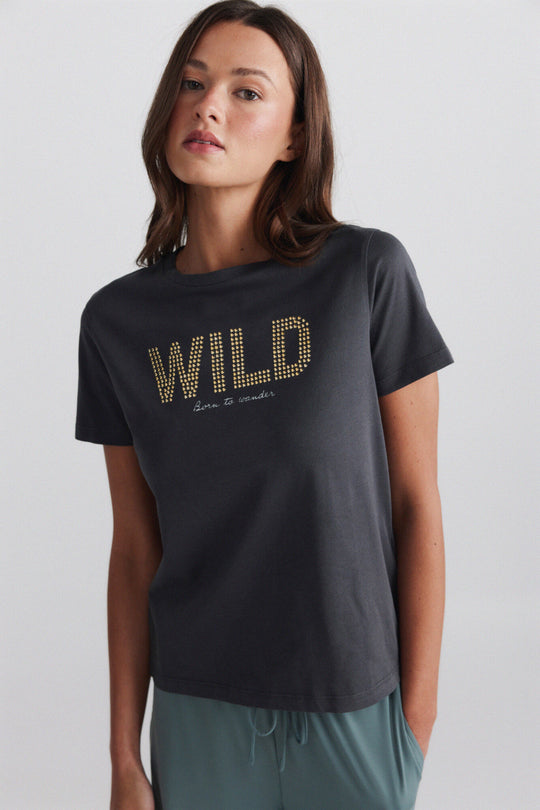 Studded text short sleeve T-shirt