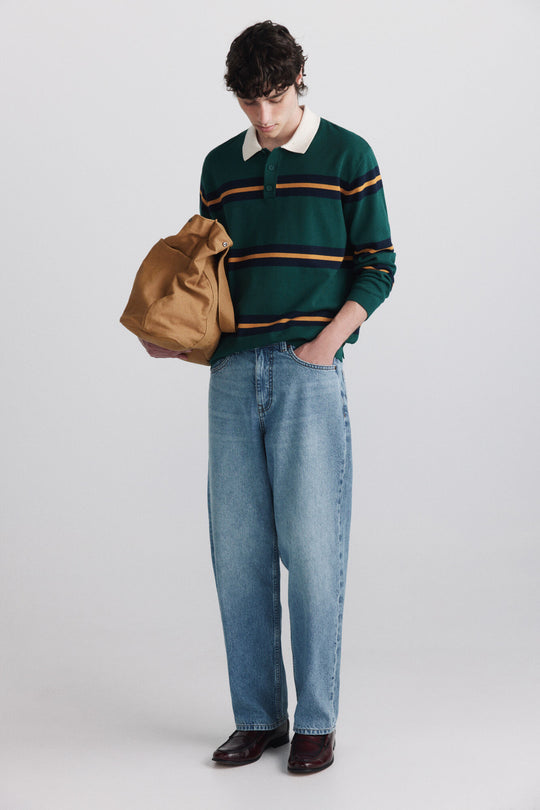 Striped rugby knit long sleeve polo shirt