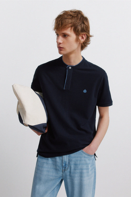 Piqué mandarin collar slim fit polo shirt