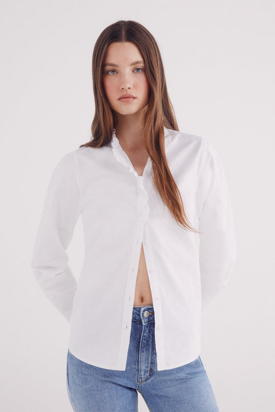 Oxford blouse with ruffle neck