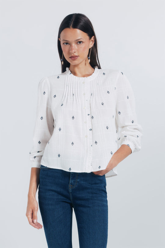 Blouse with gathered ruffles and placket