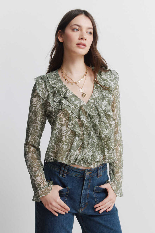 Chiffon printed ruffled blouse