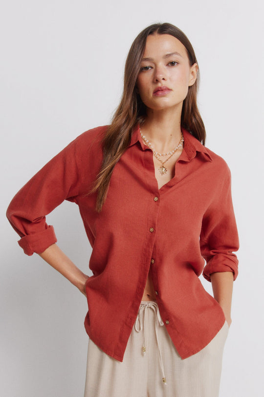 Linen-effect semi-open shirt