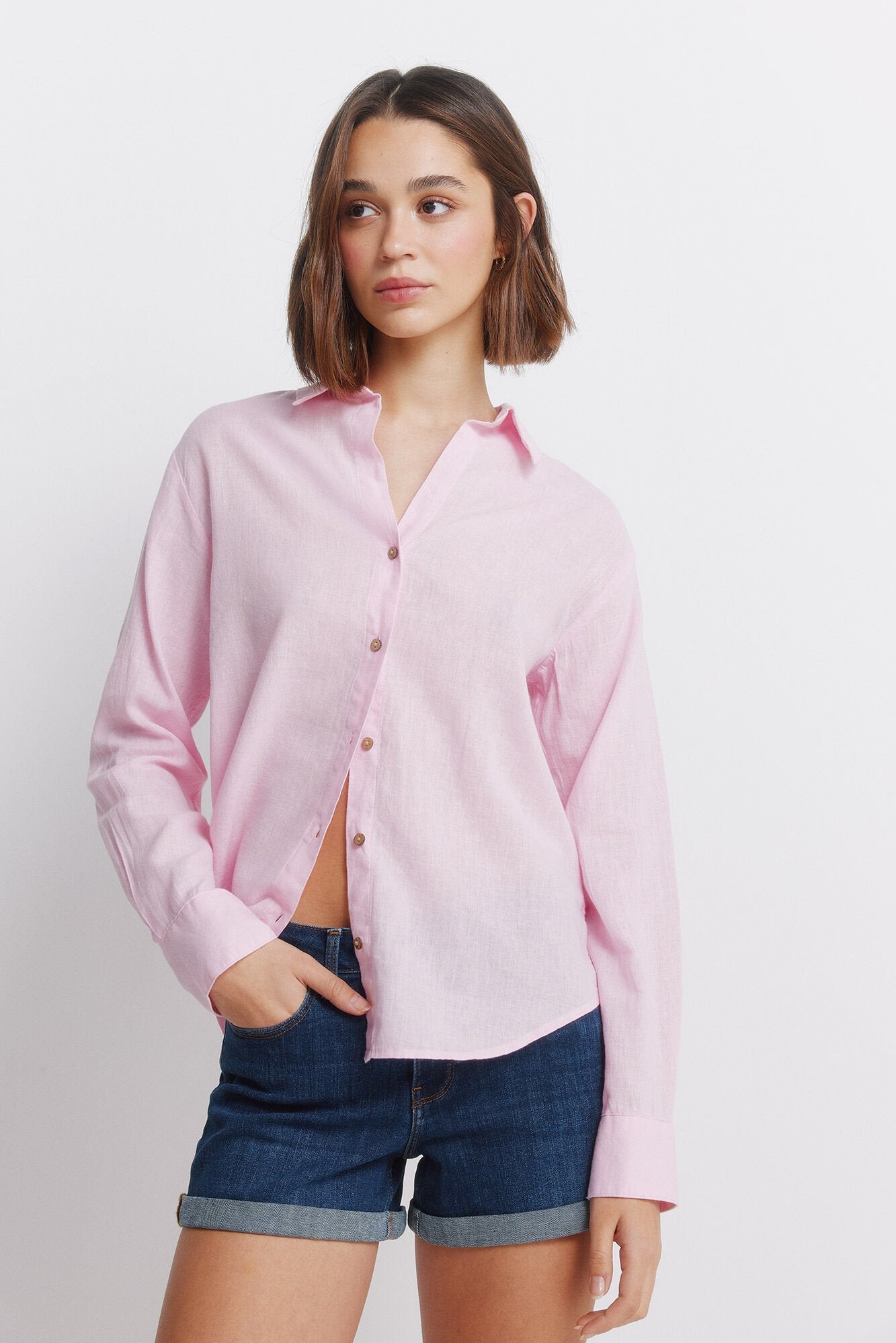 Pink Blouses|Linen-effect semi-open shirt|Springfield – Springfield KSA