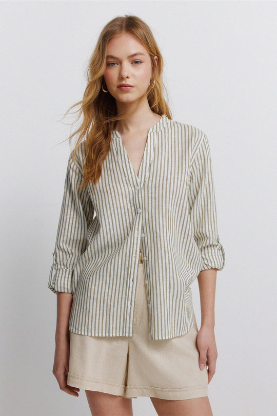 Linen-look mandarin collar shirt