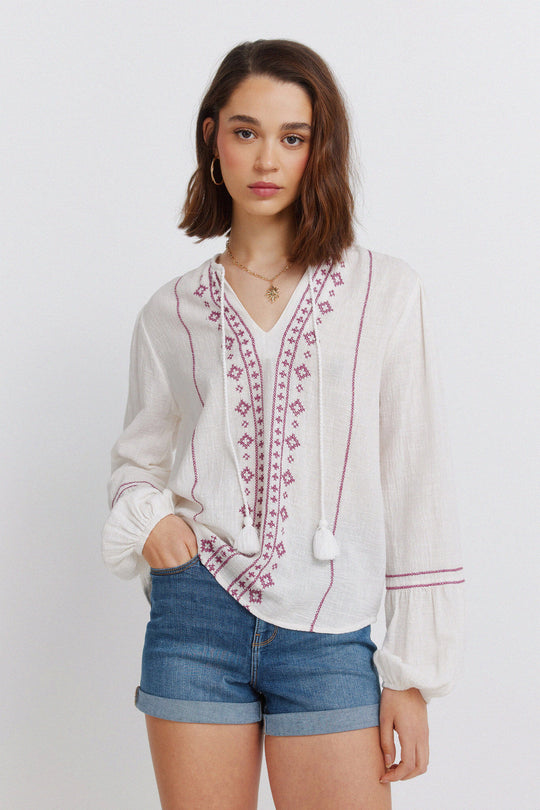 Long sleeve border print blouse