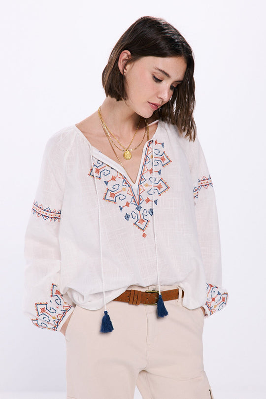 multicoloured embroidered blouses