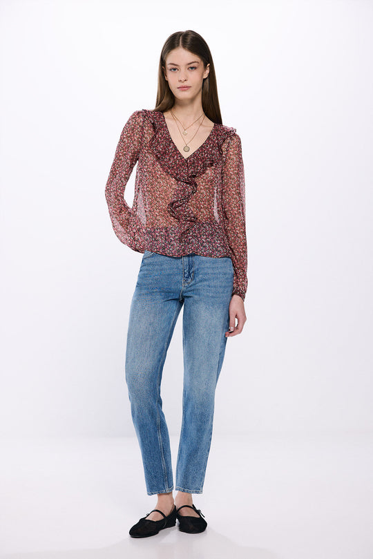 بلوزة مطبوعة مع كشكشة أمامية