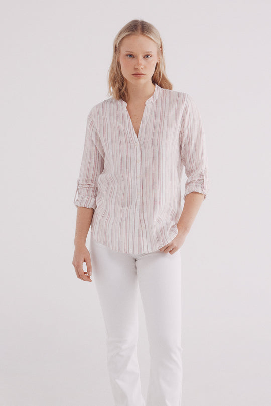 قميص كتان بياقة ماندرين