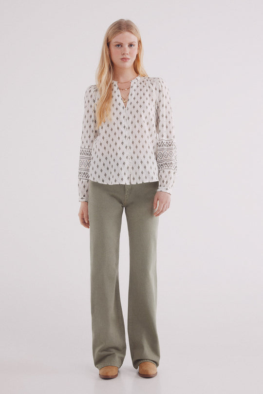 Printed blouse with embroidered sleeves
