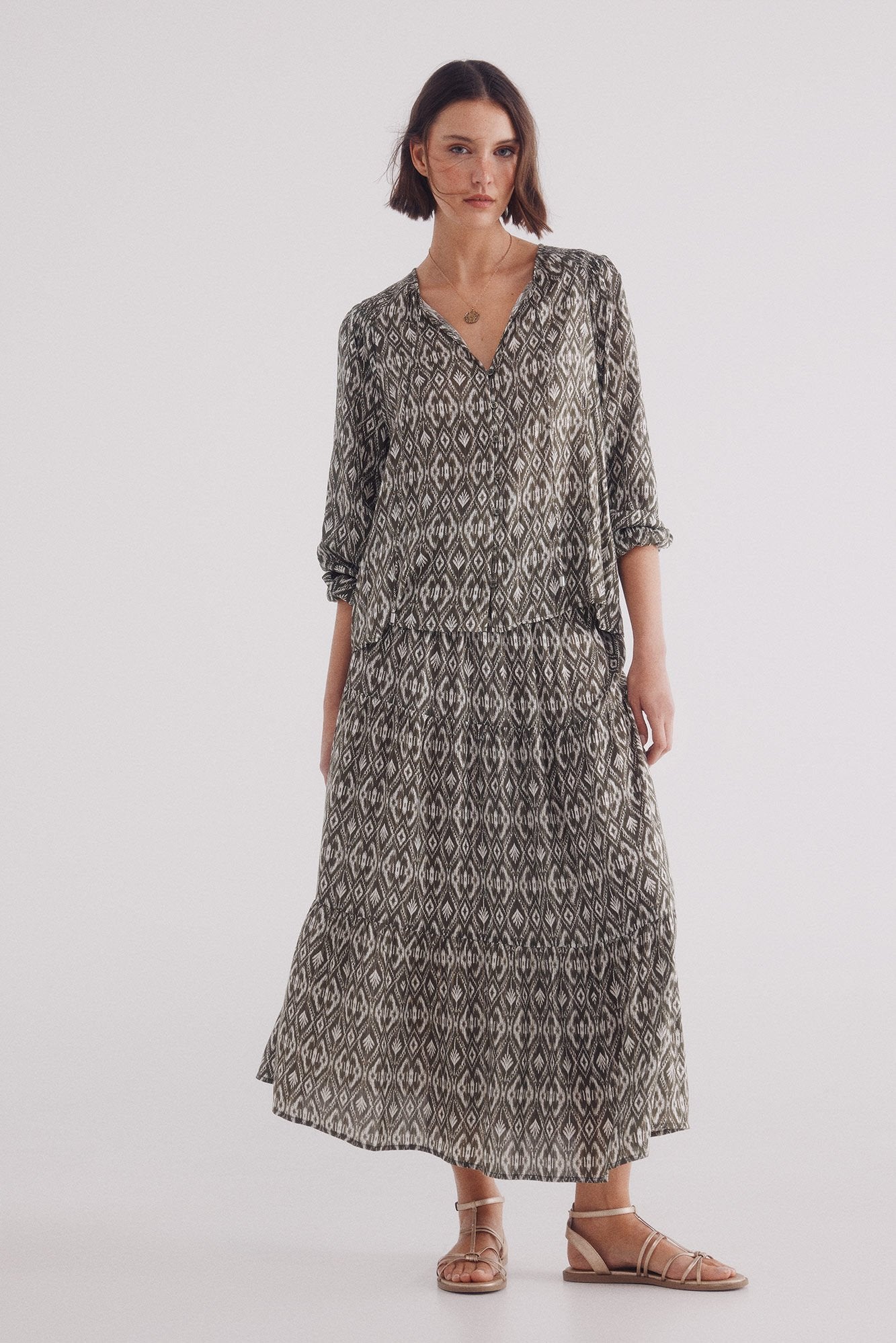 Dark Khaki Blouses|Ethnic honeycomb blouse|Springfield – Springfield KSA