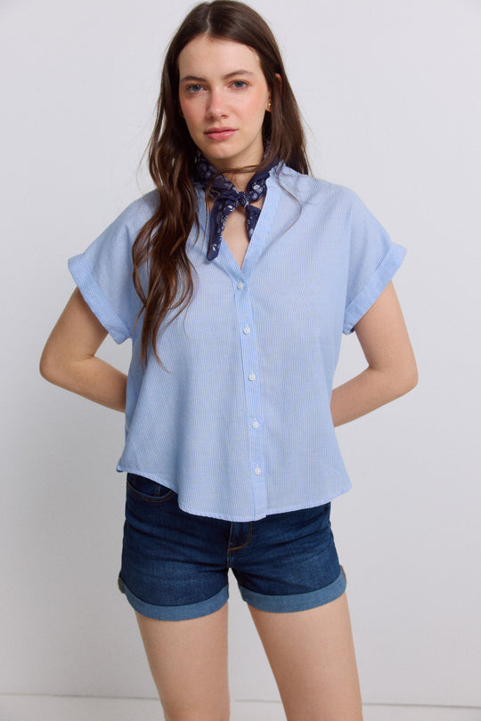 Mandarin collar ruffle blouse