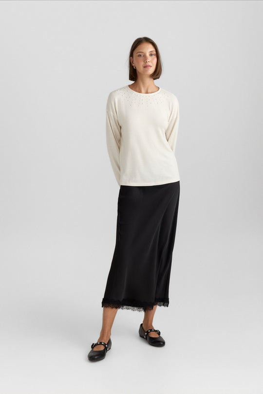 Satin-finish midi lace skirt