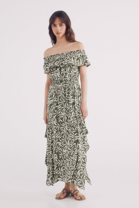 فستان ميدي بطبعة وياقة بكشكشة