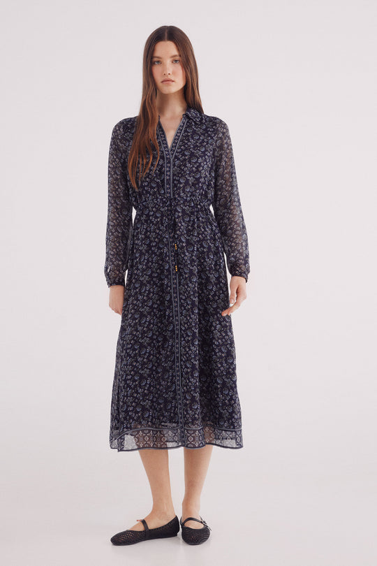 فستان ميدي بطبعة زهور بقصة قميص