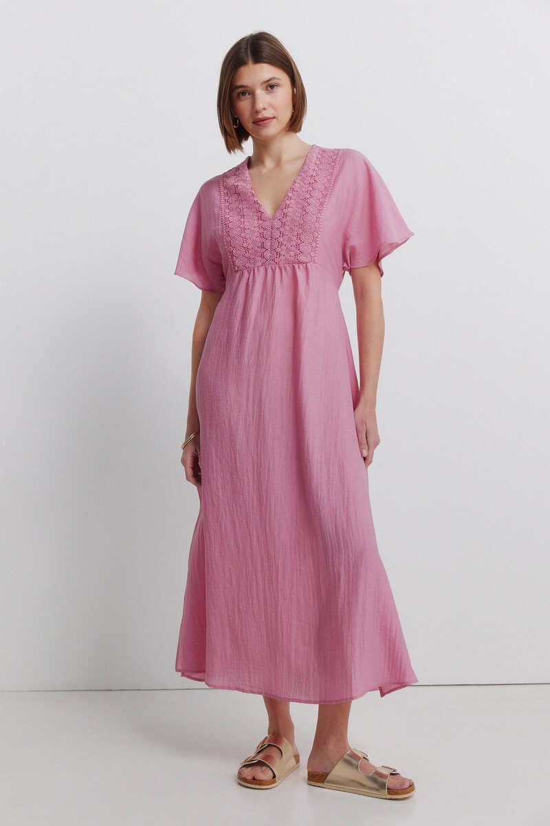 Fuchsia Dresses|Embroidered caftan midi dress|Springfield – Springfield KSA