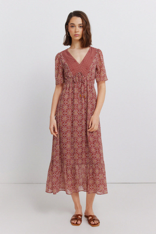 Border print neckline midi dress