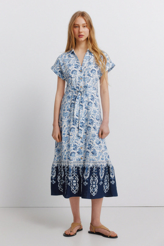 Printed linen shirt dress