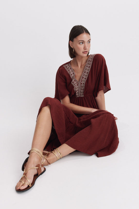 Embroidered neckline midi dress