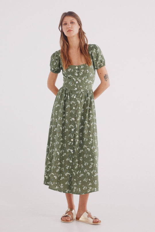 linen cross-back midi dress