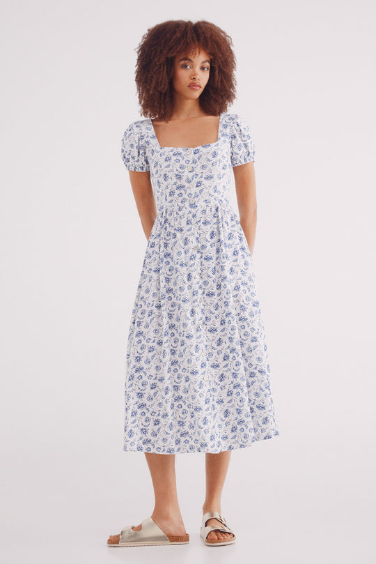 فستان ميدي من الكتان بحمالات متقاطعة من الخلف