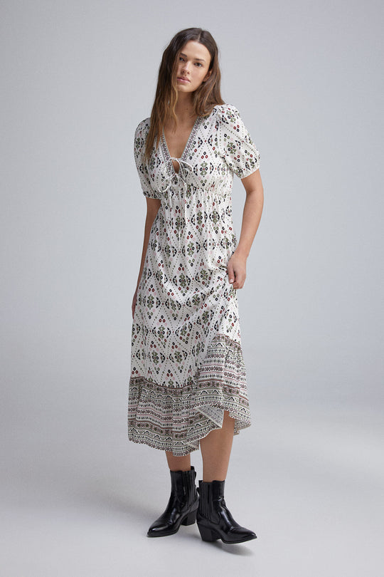 midi dress with bow neckline