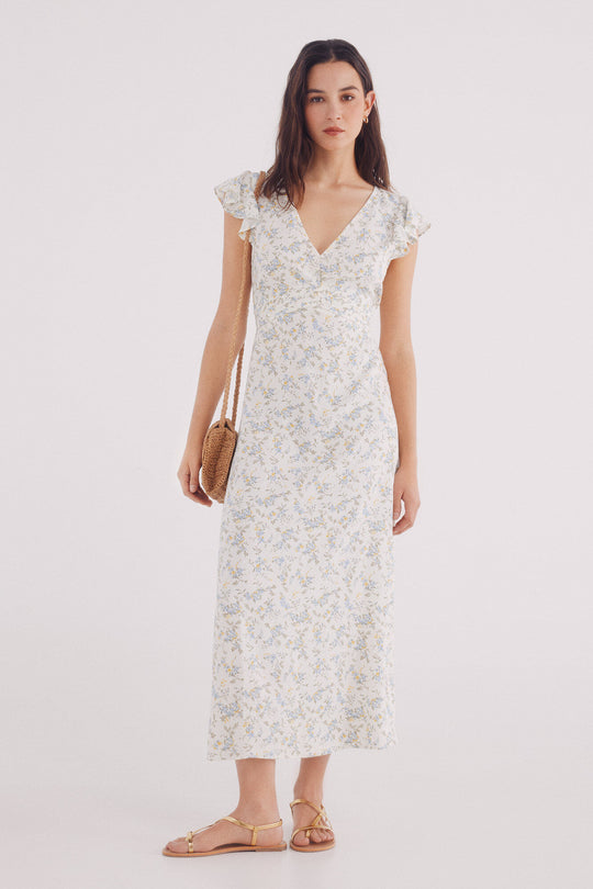 print midi dress with gathered neckline