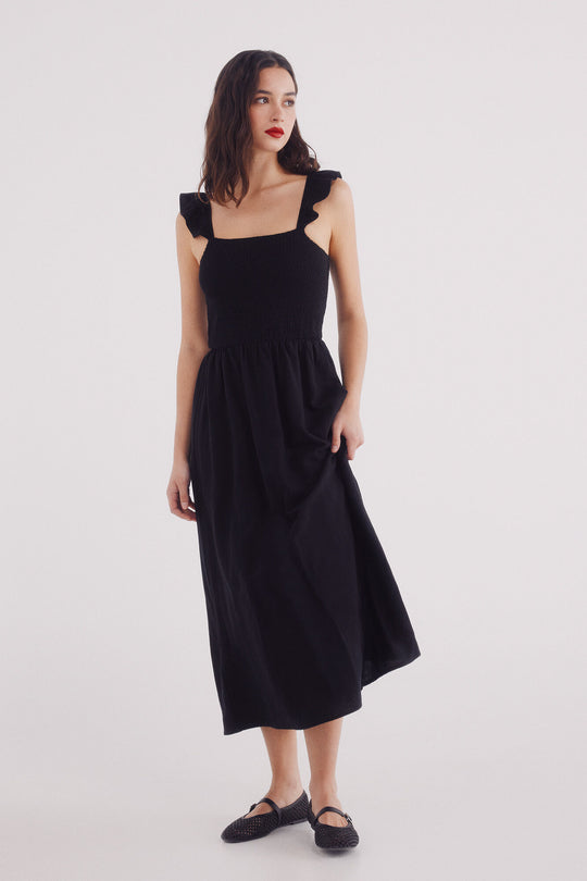 linen midi dress with straps and ruffle