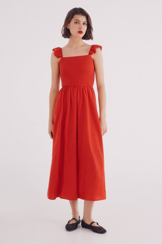 linen midi dress with straps and ruffle