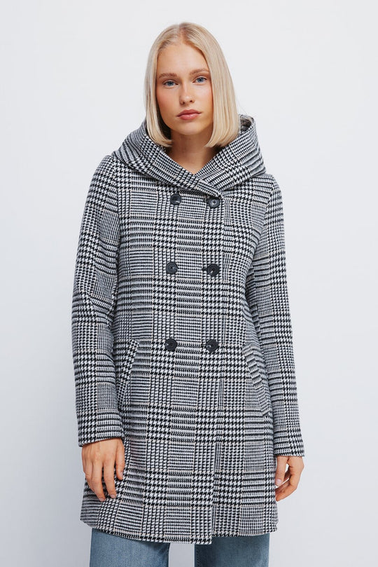 Checked coat with buttons and hood