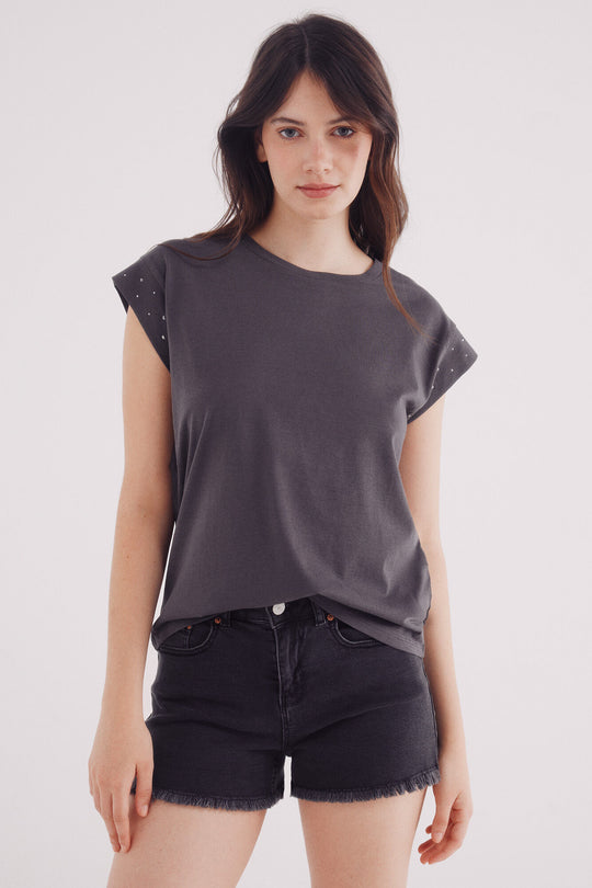 Crystal studded sleeves -shirt