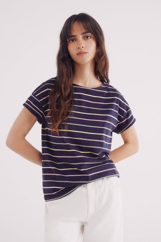 striped buttons -down shoulder shirt