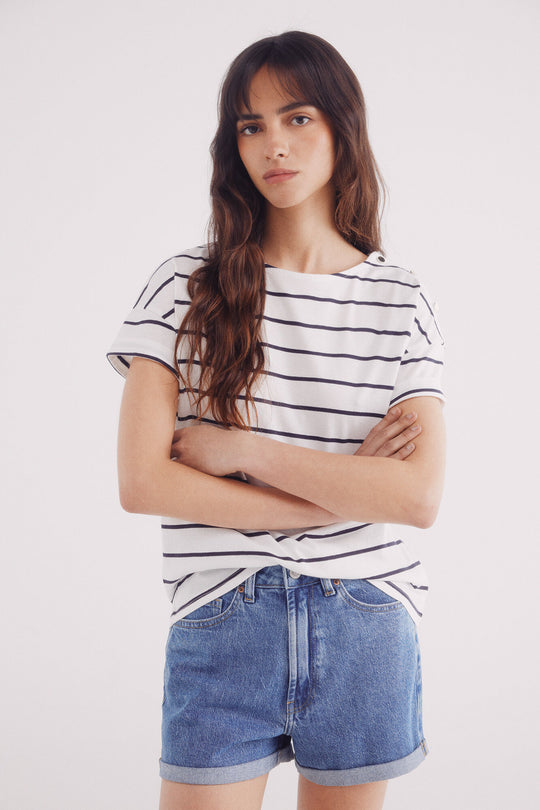 striped buttons -down shoulder shirt