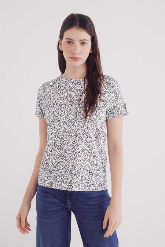 Printed turn-up sleeve sleeve -shirt with loop