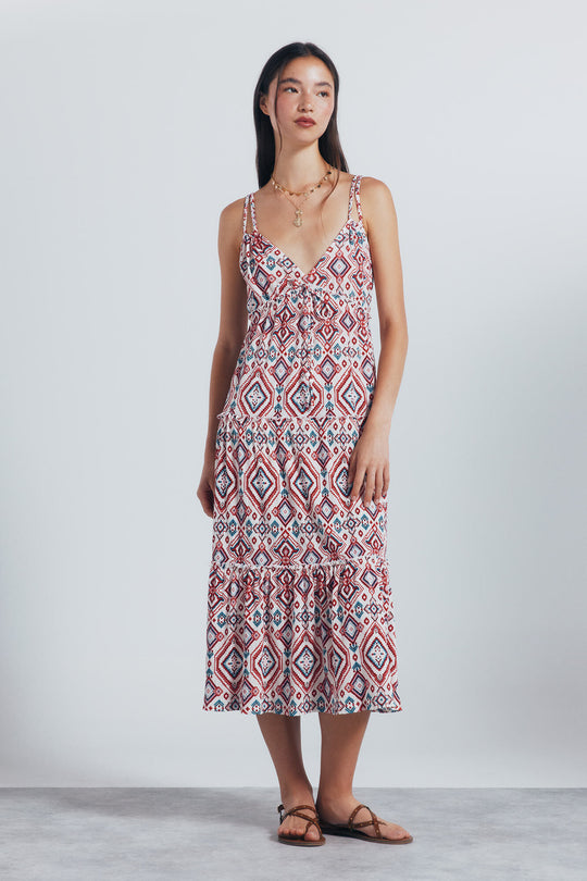 فستان ميدي بطبعة عرقية هندسية