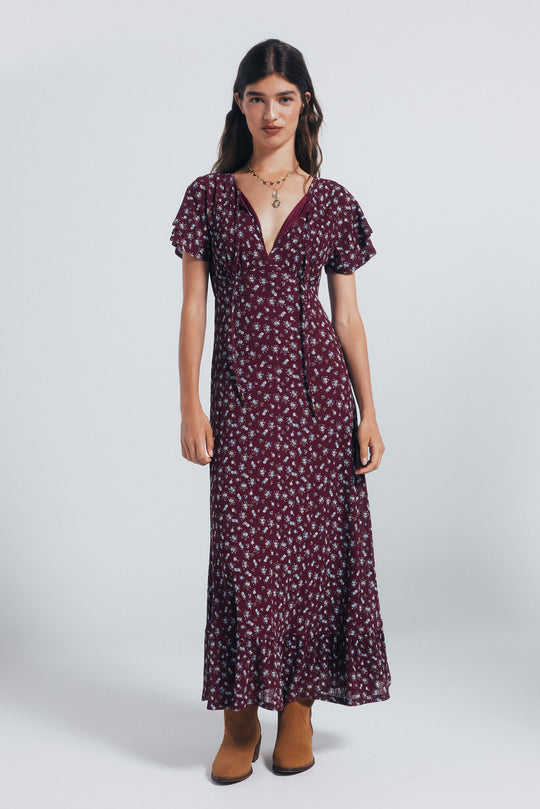 print ruffle sleeve midi