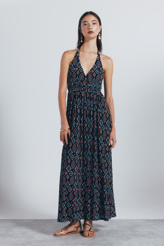 print halterneck neckline midi