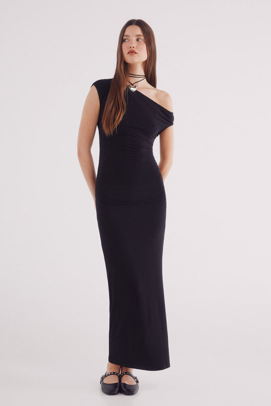 midi tube dress with asymmetric neckline