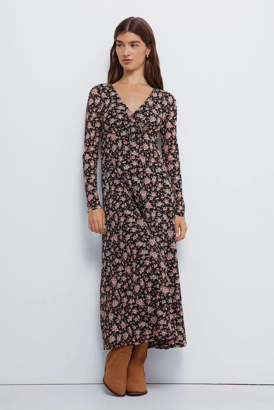 Floral midi dress with neckline bow or tie