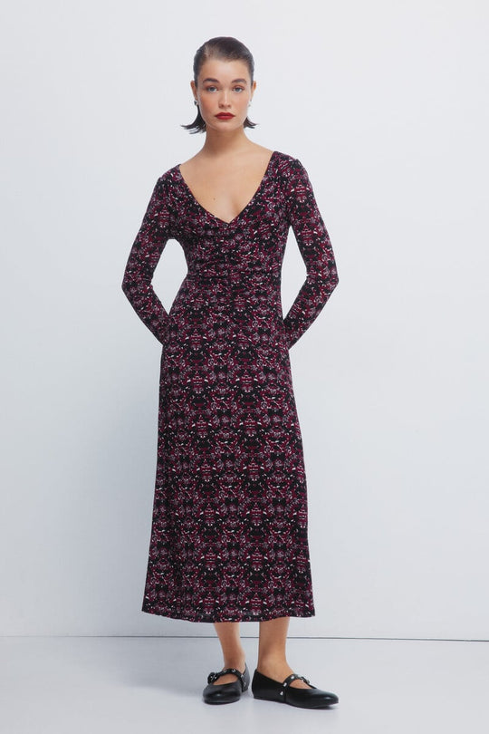 Print midi dress with gathered neckline
